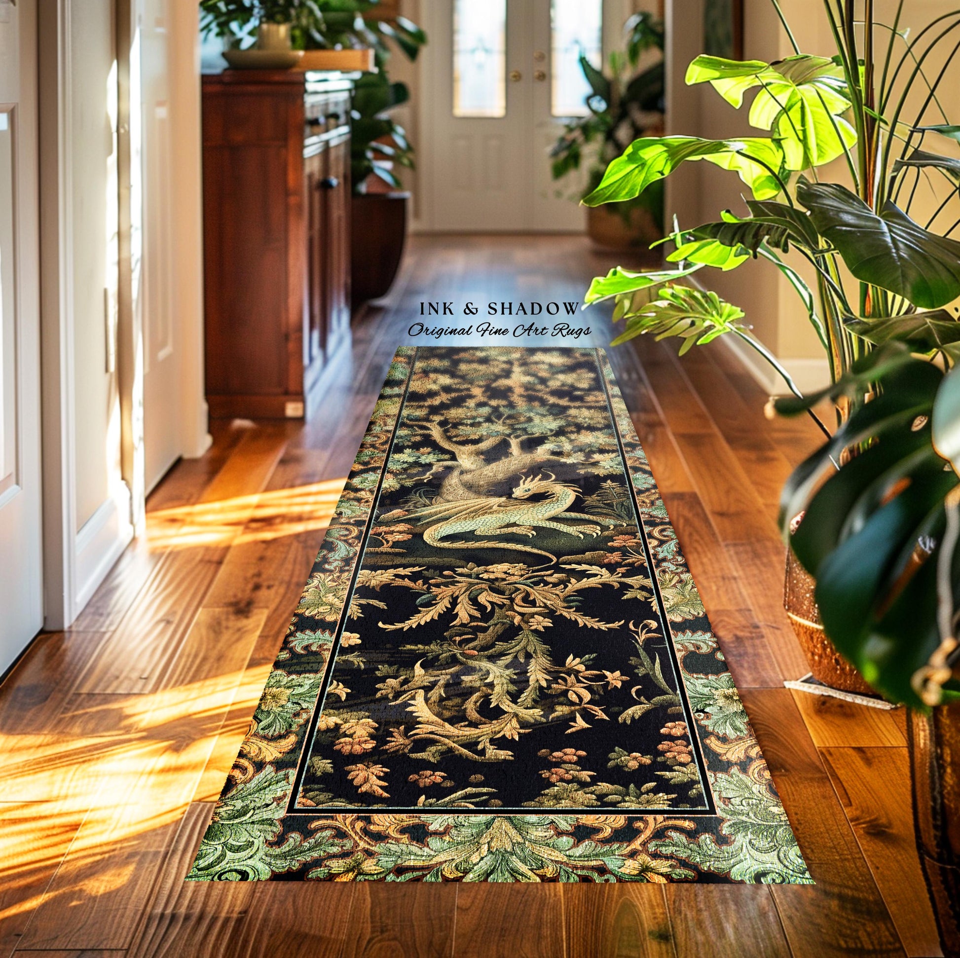 Ethereal Dragon Art Runner Rug Enchanted Aesthetic Fantasy Forest Whimsical Woodland Gothic Decor | Fairytale Whimsy Art Deco Dragon Rugs