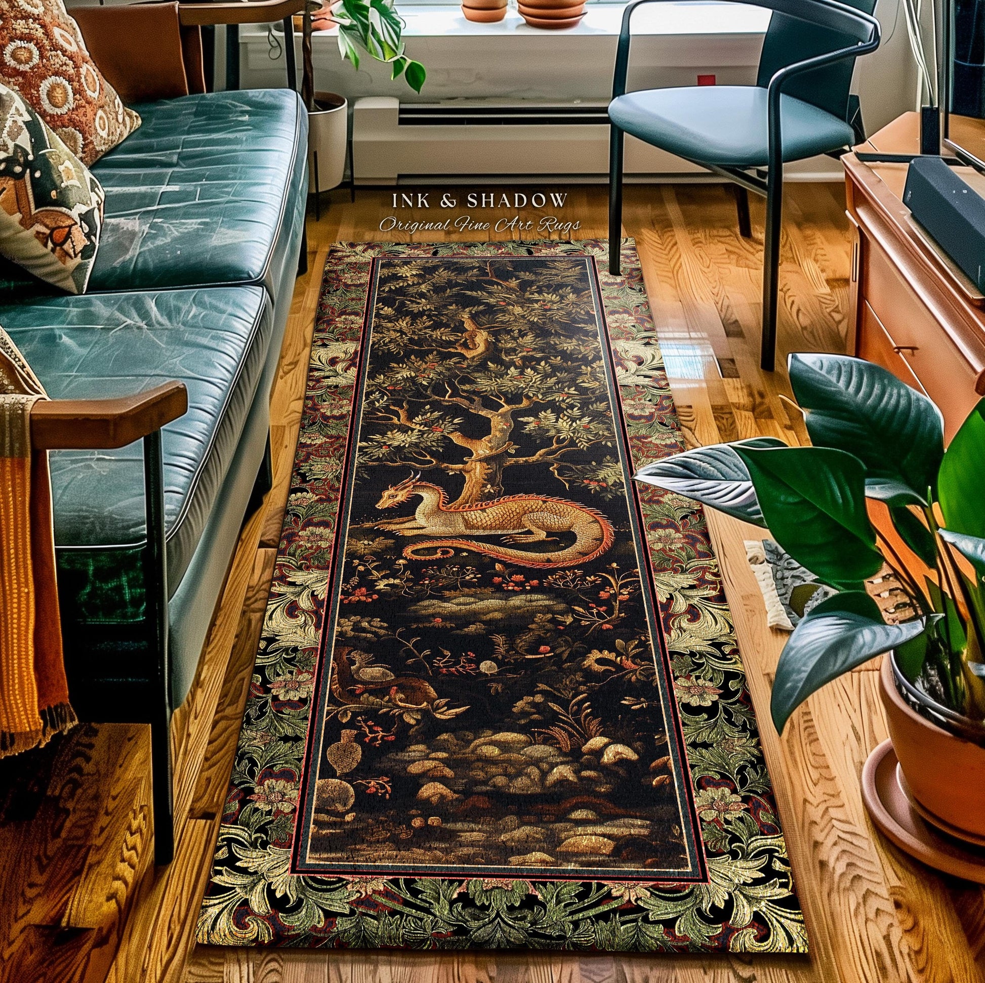 Bohemian Dragon Rug Artistic Escape Academia Baroque Inspired Runner | Ethereal Gothic Enchanting Mystical Art Nouveau Antique Style Decor