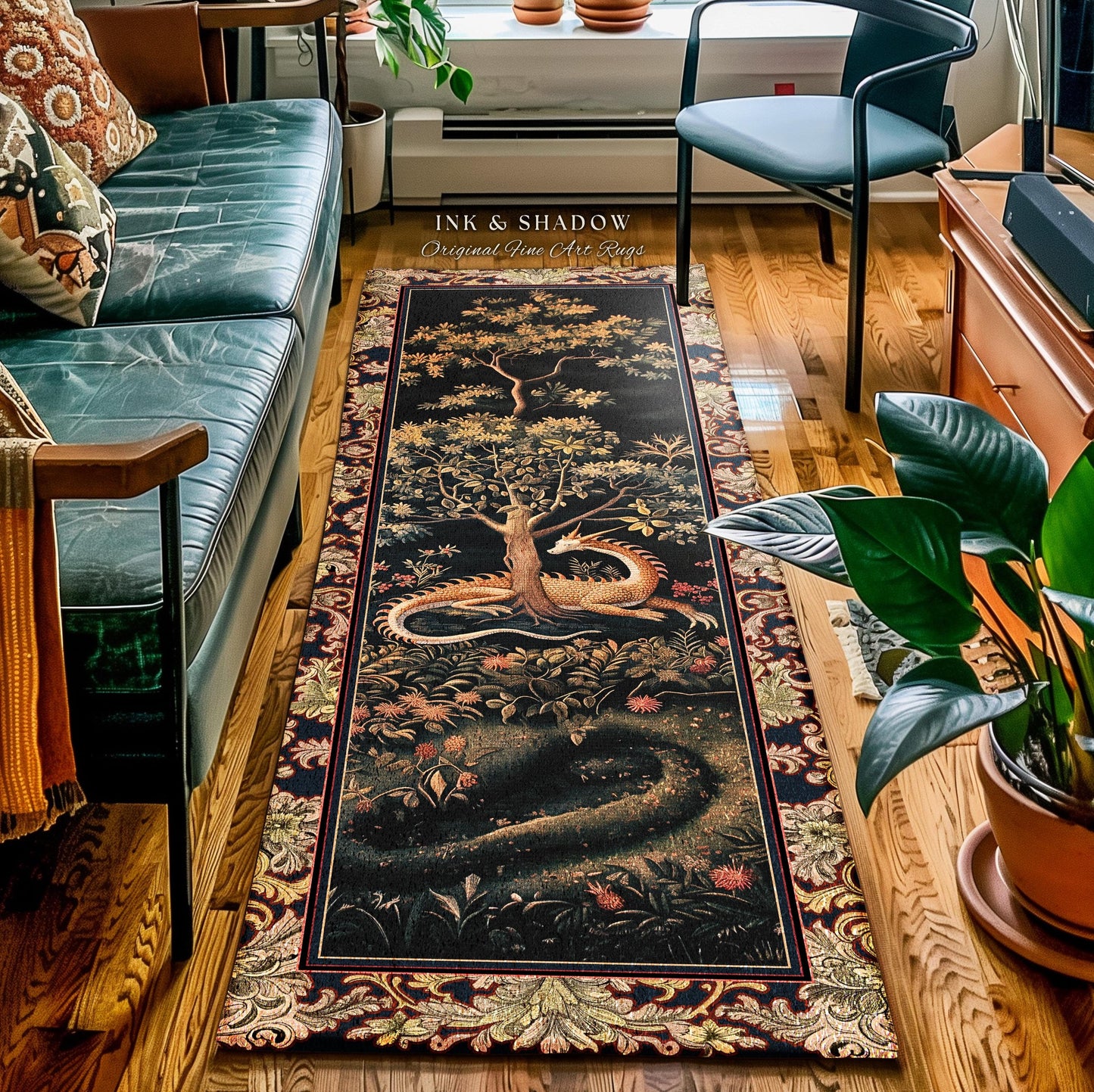 Mythical Dragon Tapestry Rug Vintage Forest Fantasy Home Decor | Enchanted Medieval Woodland Creature Whimsical Baroque Art Fairytale Accent