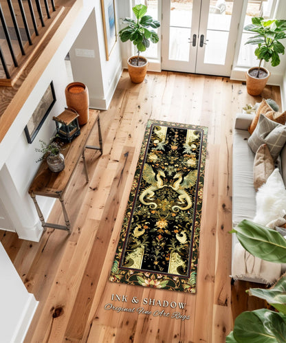 Ornate Antique Gold Folklore Aesthetic Baroque Dragon Round Area Rug | Enchanting Art Deco Goth Decor Maximalist Fantasy Mystic Home Accent