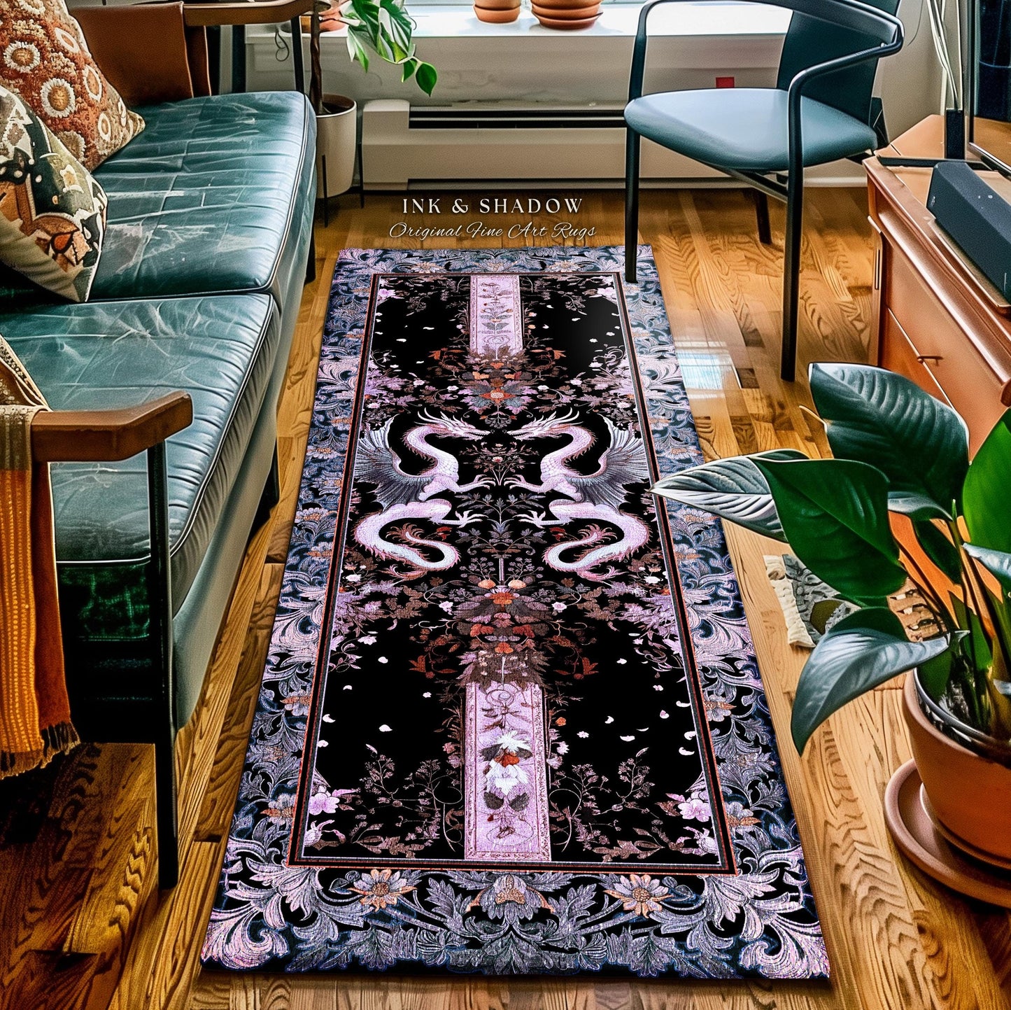 Pastel Gothic Fantasy Dragon Rug | Medieval Aesthetic Chinese Dragon Area Rug Home Acceent Lavender Purple Decor Whimsigothic Dark Academia