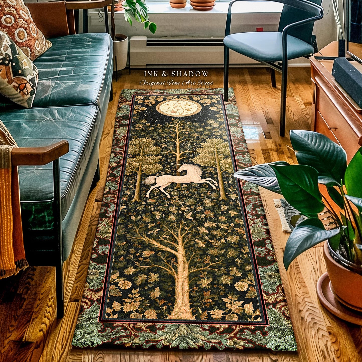 Magic Aesthetic Unicorn Runner Rug Cottagecore Style, Dark Academia Folklore Decor Gothic Maximalist Fantasy Art Enchanted Fairytale Accent