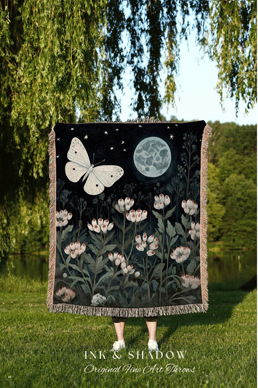 Moonlit Moth Tapestry Woven | Witchy Aesthetic Room Decor Gothic Wall Art Whimsigoth Room Decor Occult Art Butterfly Moon Decor Ethereal |