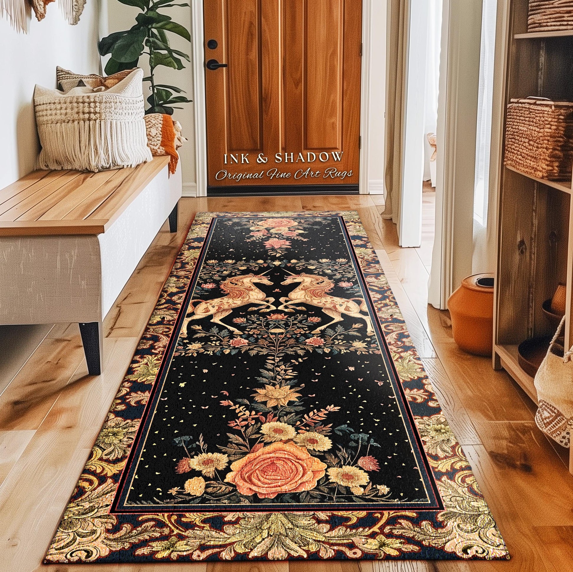 Fairytale Unicorn Floral Aesthetic Runner Rug | Pastel Cottagecore Area Rug Fairycore Runner for Hallway Whimsical Boho Home Decor Medieval