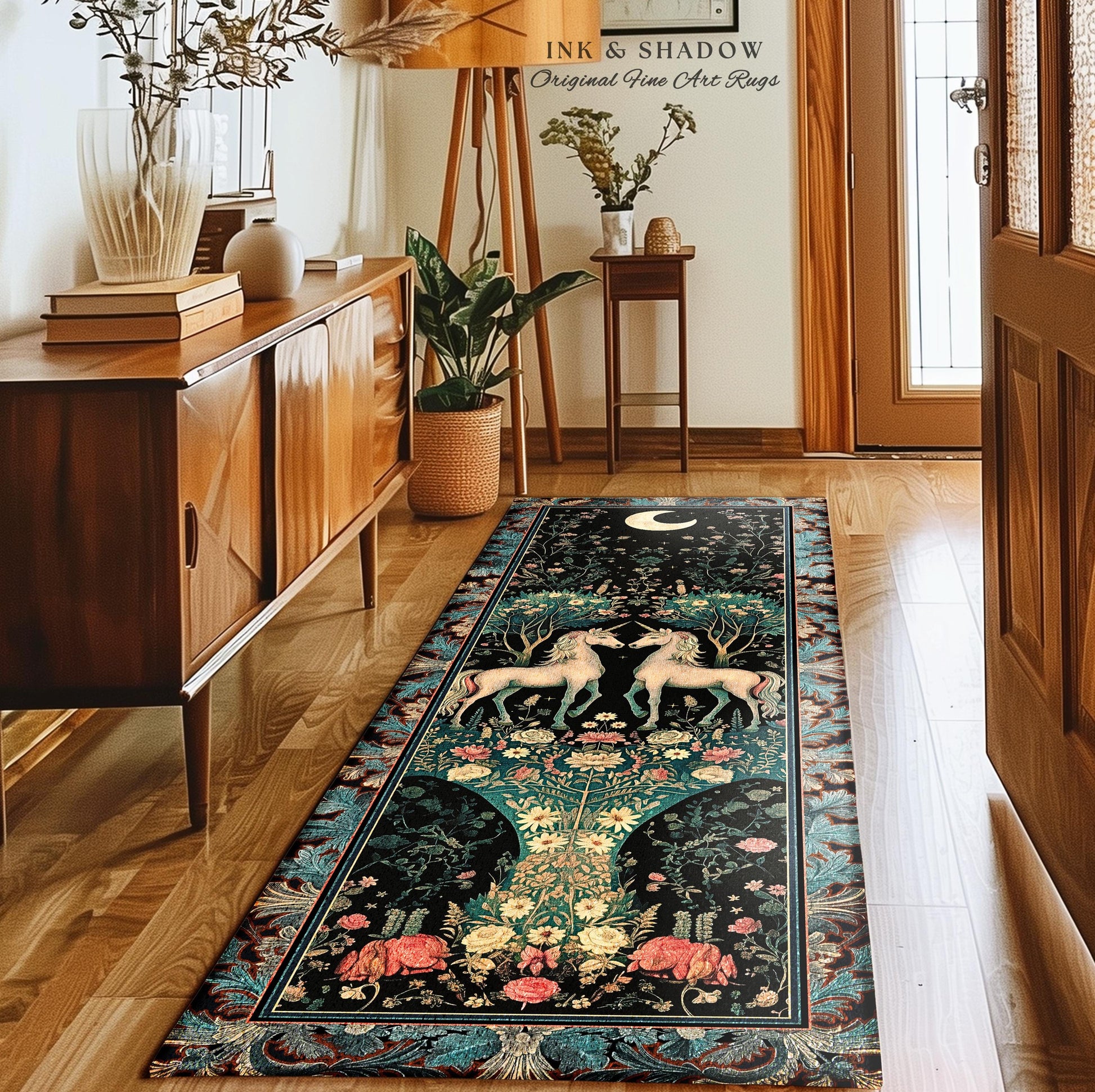 Fantasy Garden Unicorn Runner Rug Cottagecore Art Nouveau Fairycore Decor | Whimsical Woodland Fairytale Victorian Floral Enchanted Accent