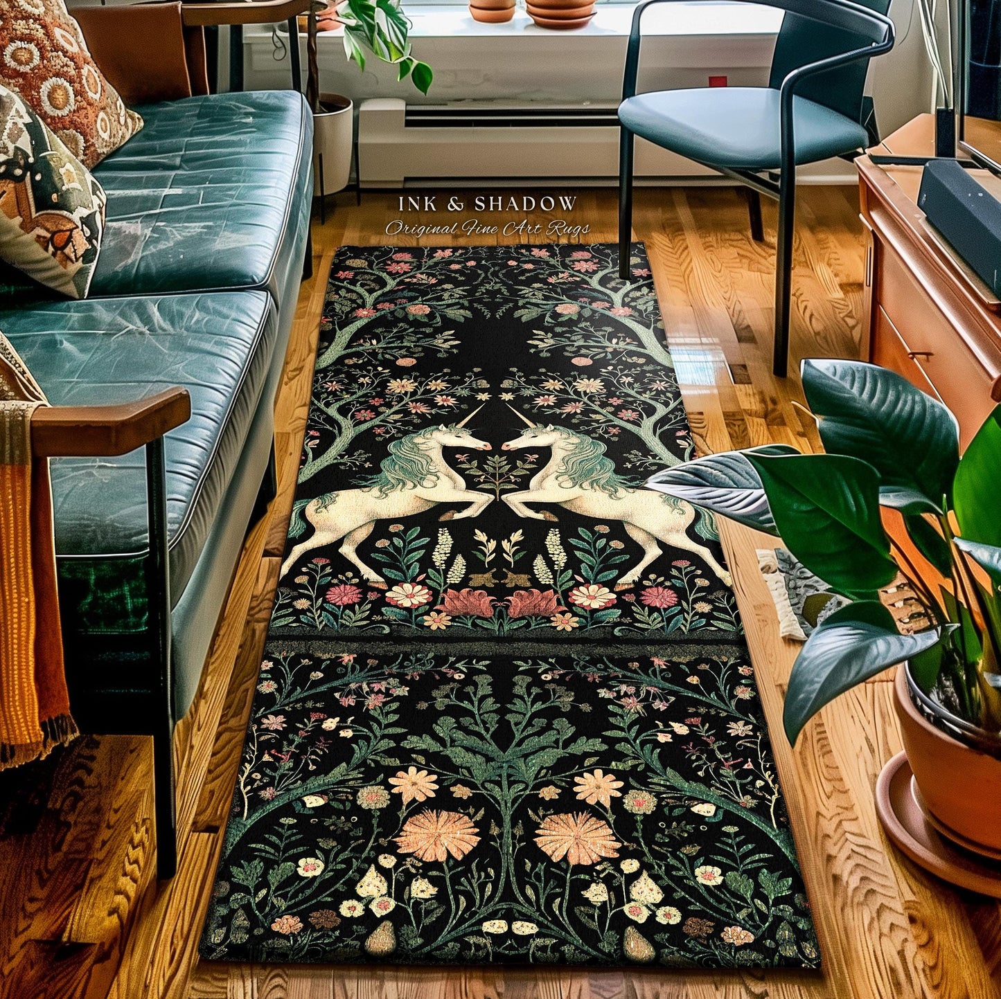 Bohemian Floral Unicorn Runner Rug Whimsical Cottagecore Decor, Dark Fairycore Enchanted Forest Folklore Vintage Aesthetic Mystical Folk Art