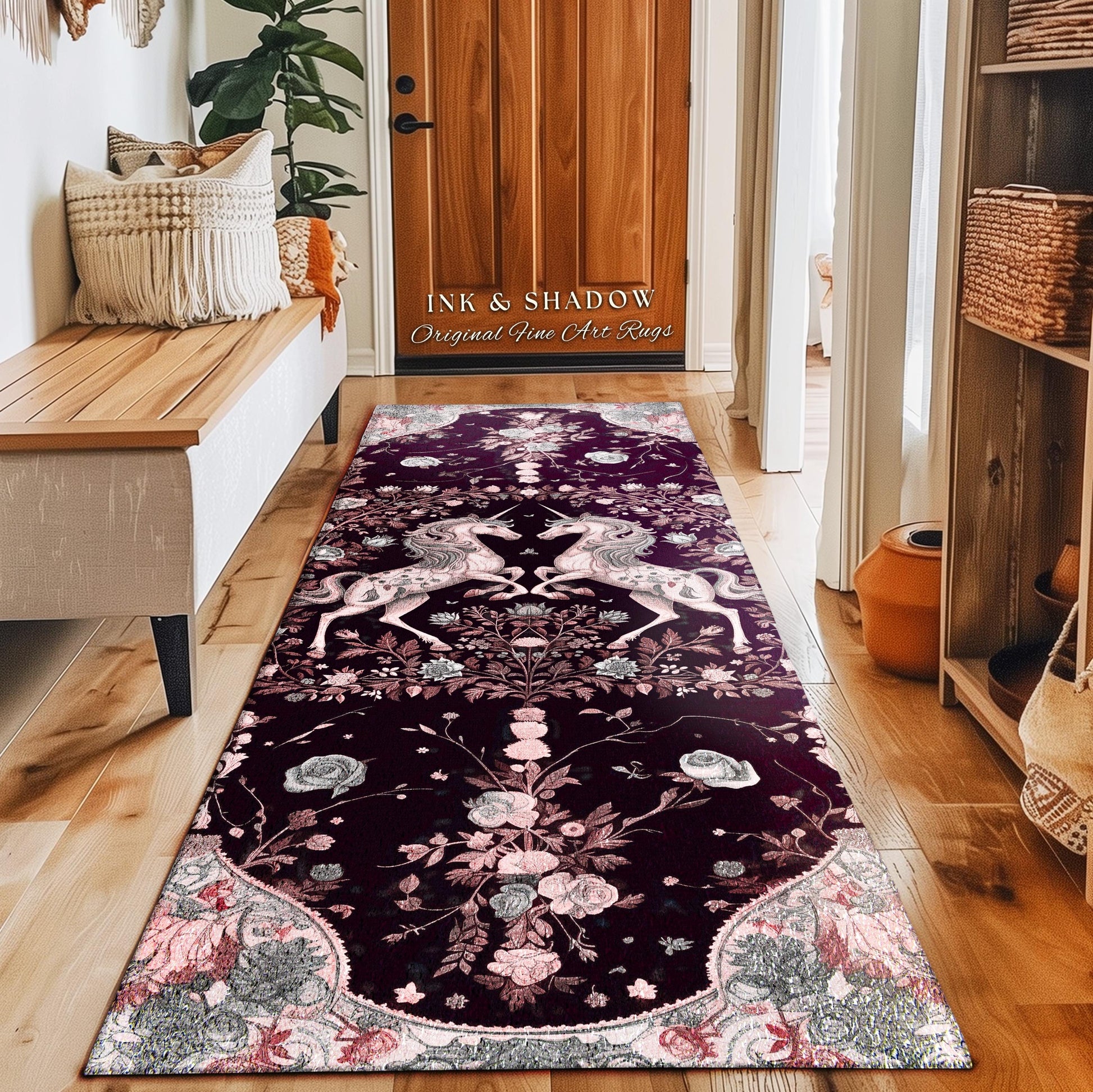 Dark Fairytale Unicorn Runner Rug | Whimsical Fairycore Home Accent Victorian Gothic Floral Decor Baroque Romantic Mystic Cute Area Rug Boho