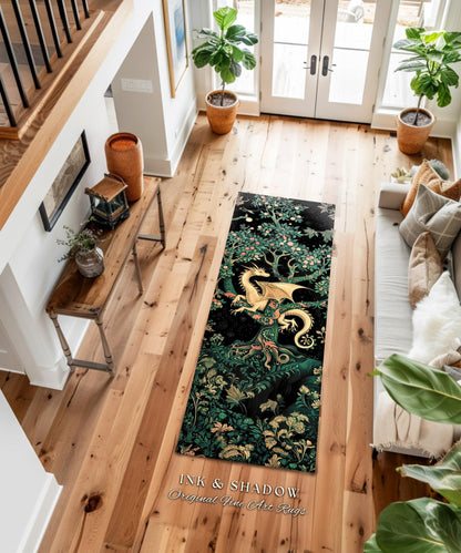 Enchanted Forest Dragon Runner Dark Woodland Gothic Forestcore Rug | Mystical Cottagecore Aesthetic Vintage Medieval Charm Renaissance Art