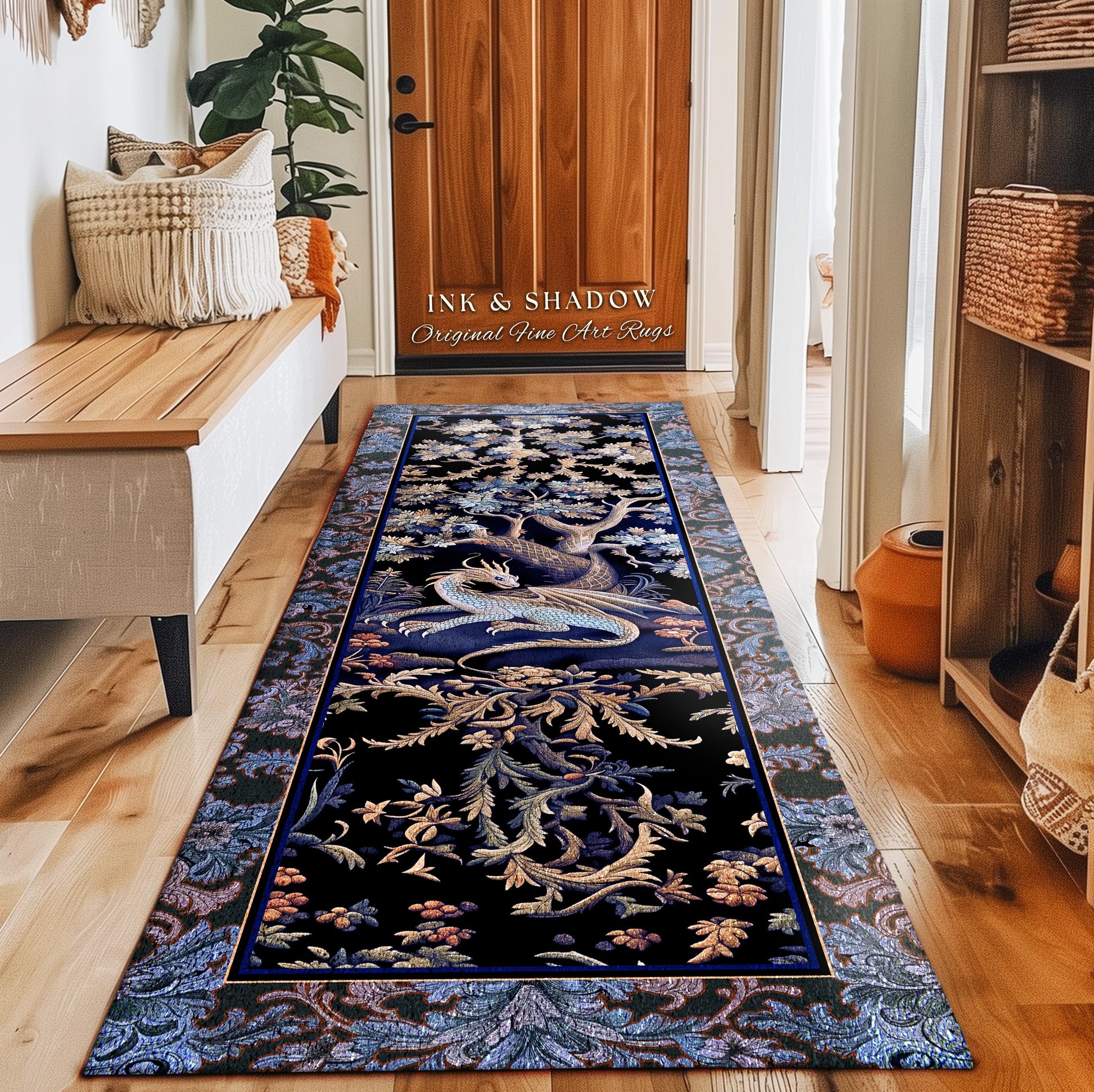 Mystic Moody Dragon Runner Rug | Ethereal Botanical Woodland Magic Fantasy Theme Bedroom French Baroque Fantasy Tree Entryway Rug Blue Hues