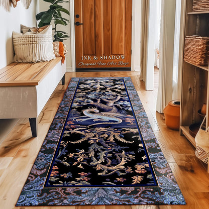 Mystic Moody Dragon Runner Rug | Ethereal Botanical Woodland Magic Fantasy Theme Bedroom French Baroque Fantasy Tree Entryway Rug Blue Hues
