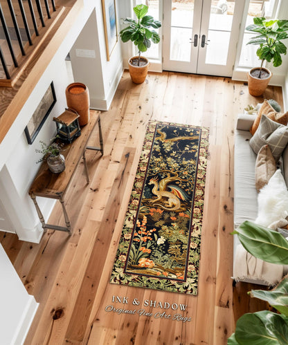 Baroque Dragon Fantasy Round Area Rug | Dark Medieval Enchanting Nature Accent Ancient Aesthetic Ethereal Storybook Home Accent Forestcore