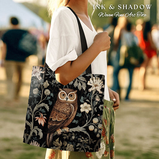 Woven Owl Tote Cottagecore Bag | Whimsical William Morris Inspired Tote Bag Aesthetic Goth Tapestry Tote Woven Victorian Fairy Core Owl Gift