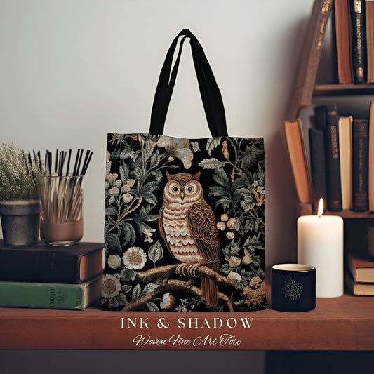 Woven Owl Tapestry Bag | William Morris Inspired Tote Bag Aesthetic Botanical Tapestry Tote Woven Victorian Fairy Core Owl Tote Whimsical |