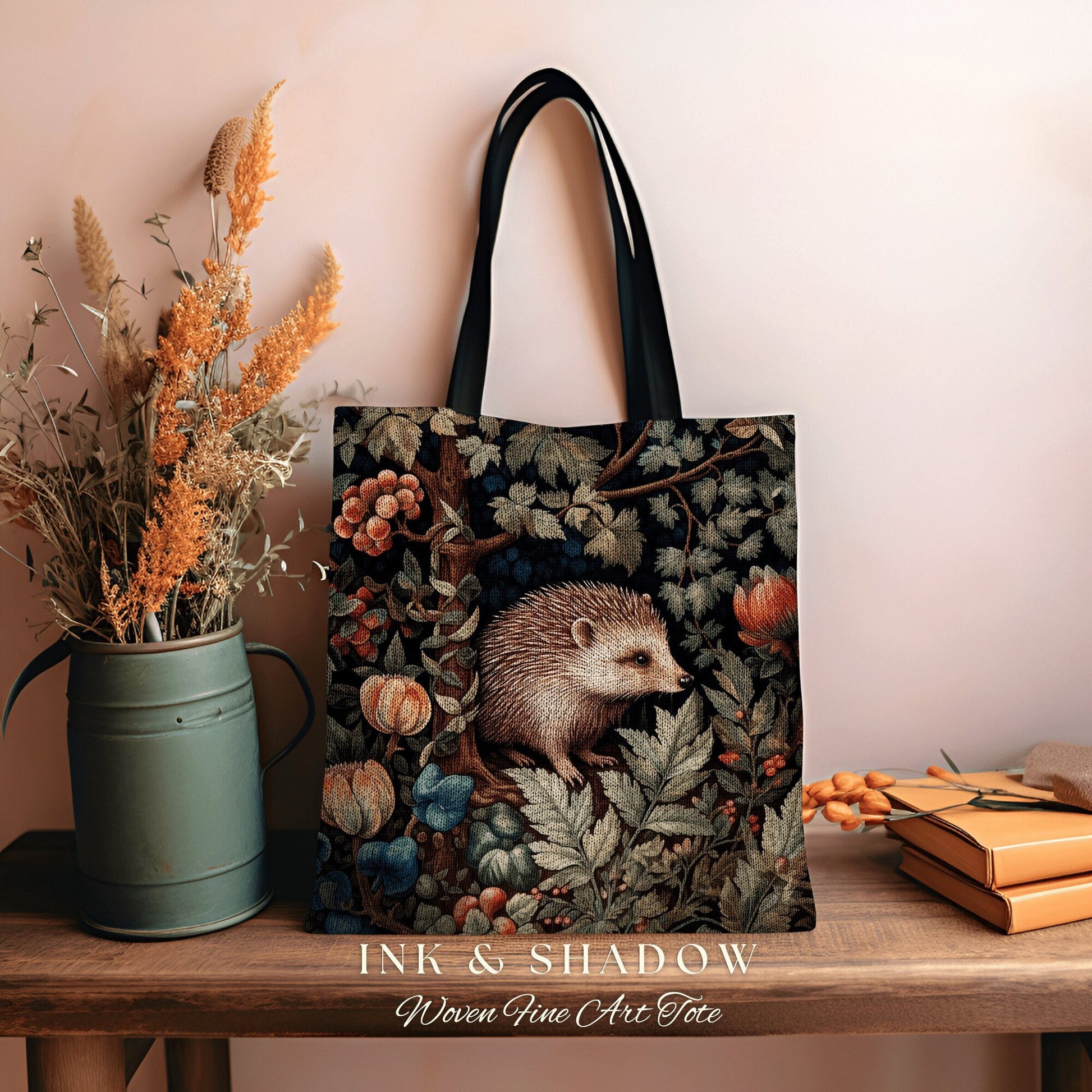 Hedge Hog Botanical Tote Bag | Forestcore Bag William Morris Inspired Tote Bag Aesthetic Mystical Tapestry Bag Woven Victorian Woodland Bag