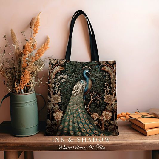 Boho Peacock Cottagecore Tote | William Morris Inspired Tote Bag Forestcore Satchel Maximalist Tapestry Tote Botanical Fairy Grunge Tote Bag