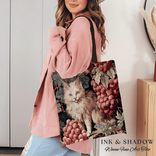 Woven Satchel Bag Botanical Cat Tote | Vintage William Morris Inspired Tote Bag Aesthetic Cat Lover Tapestry Bag Woven Victorian Gothic Cat