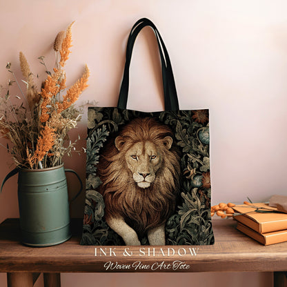 Floral Lion Tote Bag Morris Aesthetic Lion Lover Gift Dark Academia Victorian Gothic Tapestry Woven Animal Art Tote Cottagecore Artsy Bag