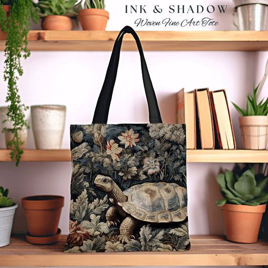 Light Gothic Soft Cottagecore Tortoise Tote Bag Vintage Aesthetic Victorian Goth Turtle Tapestry Bag Woven Goblinecore Moody Botanical Bag