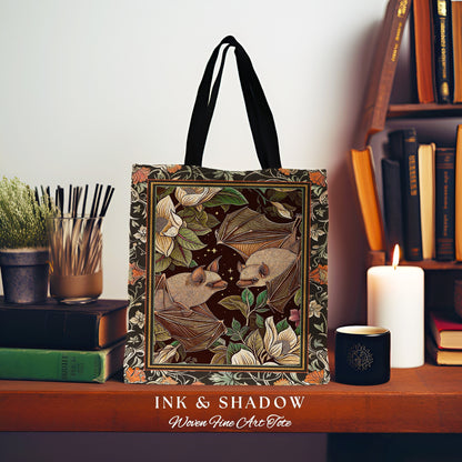 Bat Lover Boho Tote Aesthetic Gothic Gift Floral Dark Cottagecore Shoulderbag Witchy Bookbag Gift for Goth Bat Celestial Tote Tapestry Bag