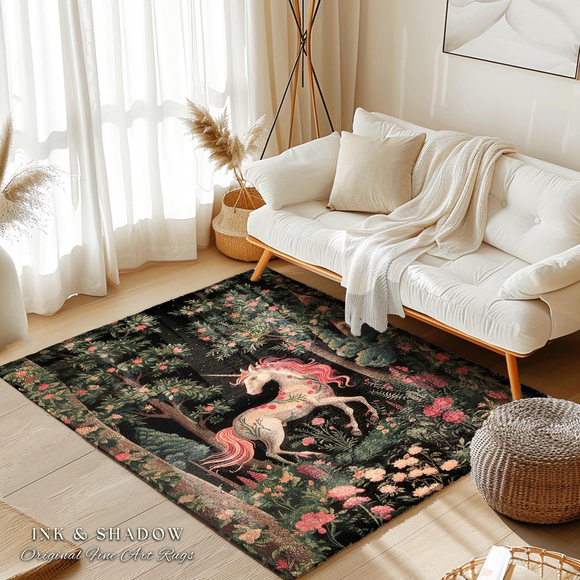 Enchanted Forest Unicorn Rug Mystical Woodland Runner | Romantic Baroque Art Fairycore Vintage Aesthetic Mythical Creatures Forestcore Decor