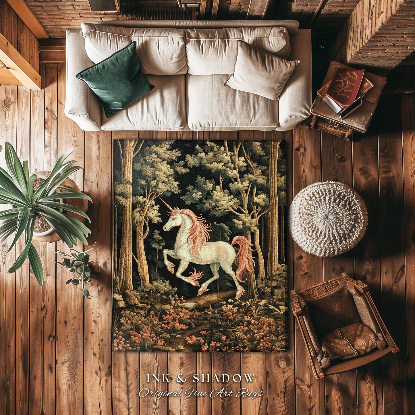 Medieval Unicorn Rug Woodland Aesthetic Enchanted Forest Decor | Whimsical Cottagecore Fantasy Art Mystic Forestcore Vintage Gothic Runner