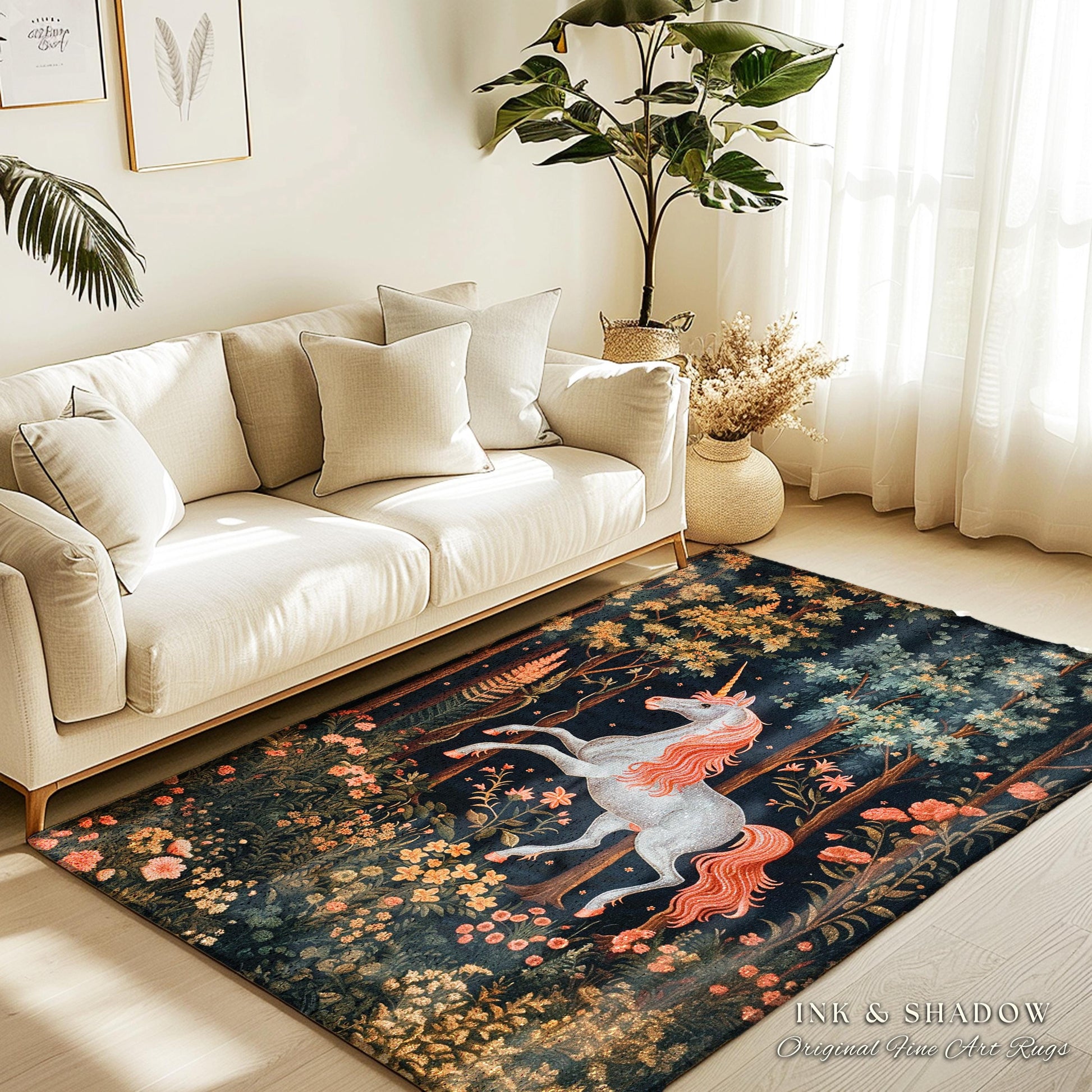 Whimsical Floral Unicorn Runner Rug Woodland Magical Folklore Aesthetic | Mythical Creatures Enchanted Forest Boho Dark Cottagecore Decor