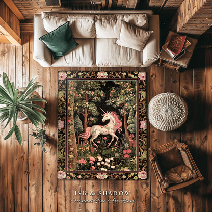 Enchanted Forest Unicorn Floral Runner Rug Mystical Medieval Style Romantic Renaissance Baroque Art, Vintage Fairycore Wildflower Home Decor