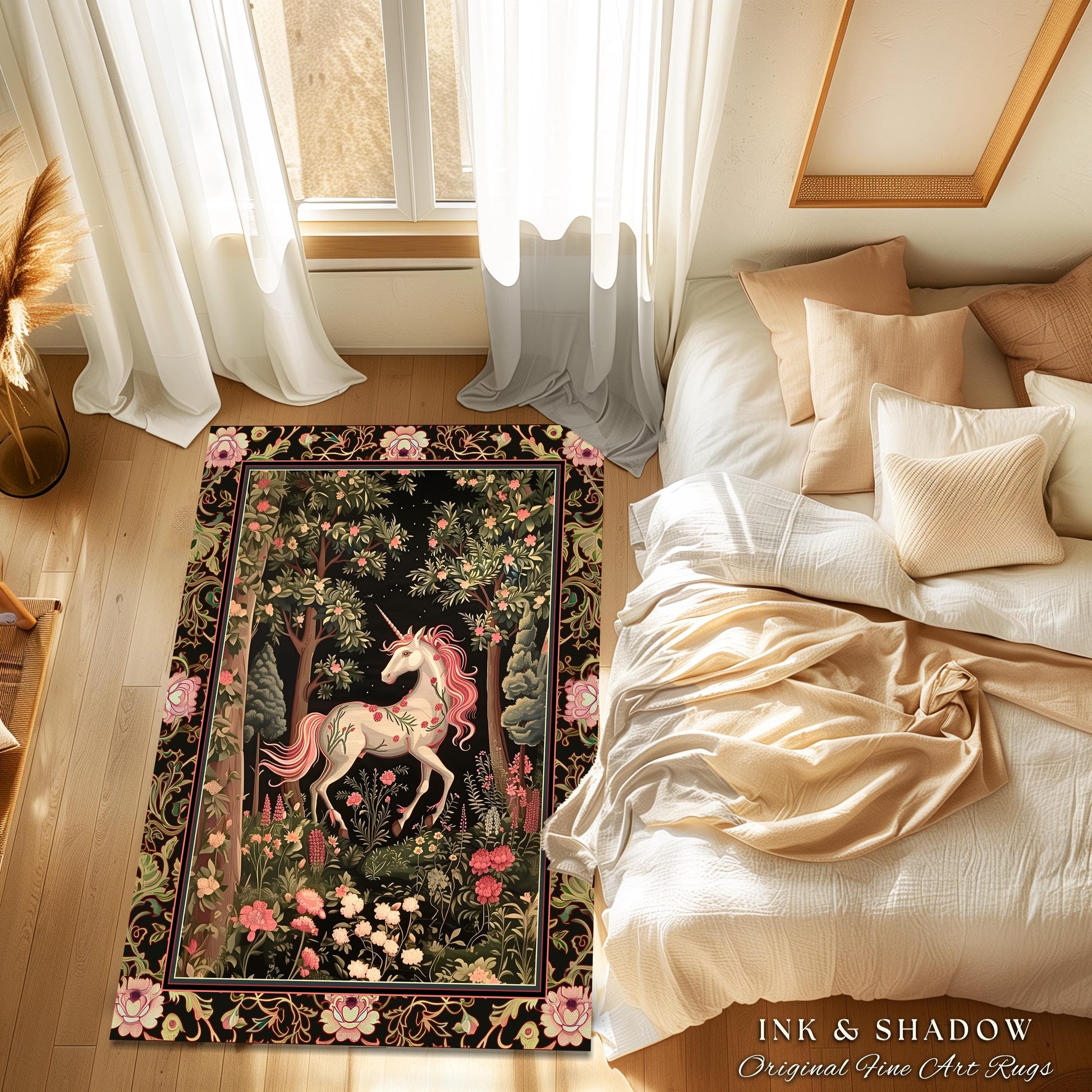 Enchanted Forest Unicorn Runner Rug Mystical Medieval Woodland Gothic | Romantic Baroque Art Renaissance Decor Fairycore Vintage Aesthetic