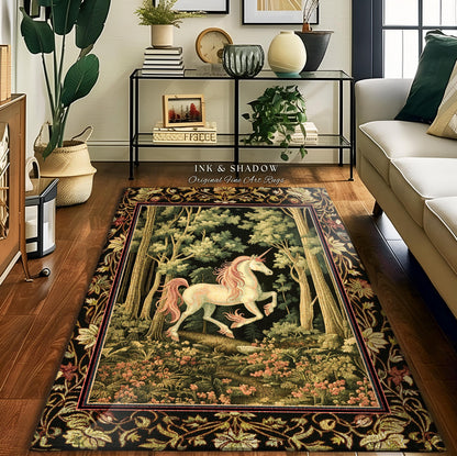 Medieval Unicorn Runner Rug Dark Woodland Aesthetic, Enchanted Forest Decor, Whimsical Magic Cottagecore Mystic Fairytale Forestcore Accent