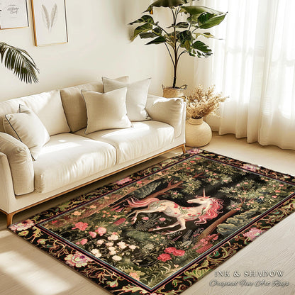 Enchanted Forest Unicorn Runner Rug Mystical Medieval Woodland Gothic | Romantic Baroque Art Renaissance Decor Fairycore Vintage Aesthetic