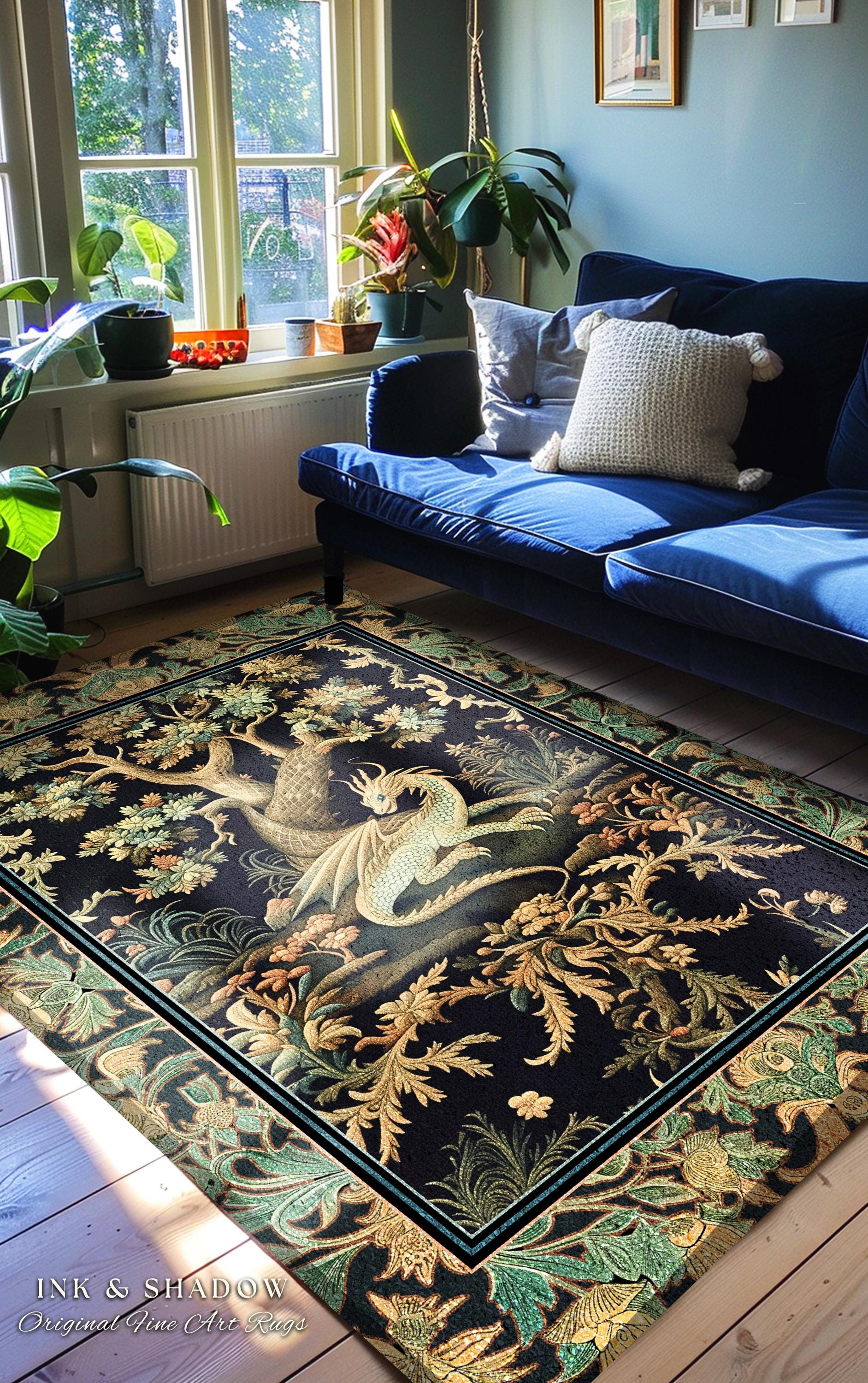 Ethereal Dragon Art Round Area Rug Enchanted Aesthetic Fantasy Forest Whimsical Woodland Gothic Decor | Fairytale Whimsy Art Deco Dragon |