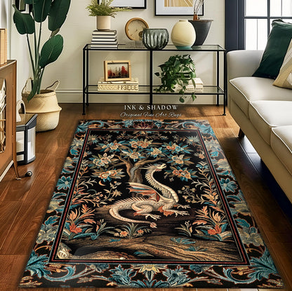 Dark Nature Enchanting Dragon Art Exotic Home Decor Mystical Fantasy Dragon Runner Rug | Ethereal Woodland Magical Creature Goblincore Rugs