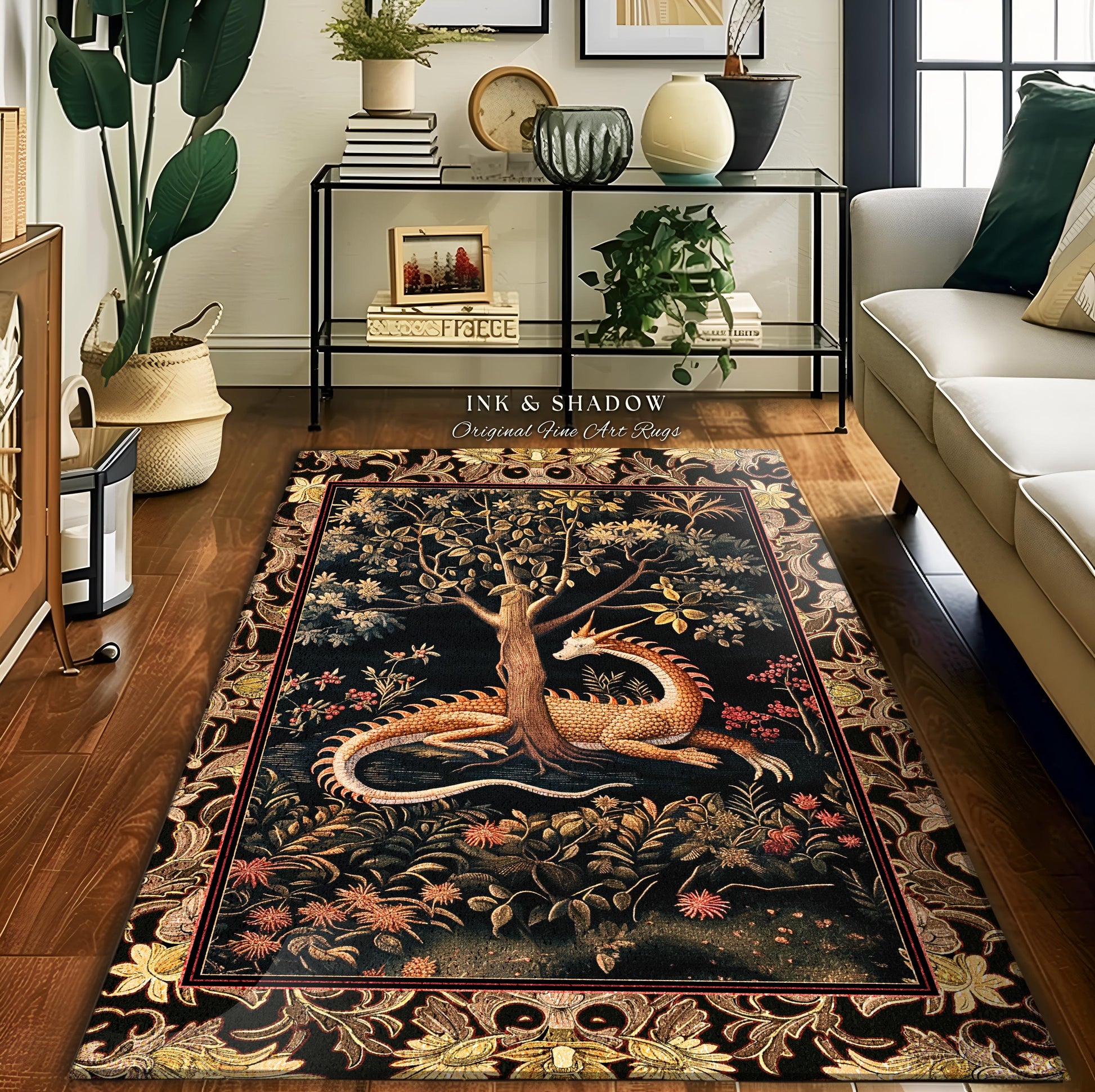 Ancient Dragon Art Rug Mystical Enchanting Forest Decor | Antique Baroque Aesthetic Academia Dark Fantasy Ethereal Runner Rug Folklore Home