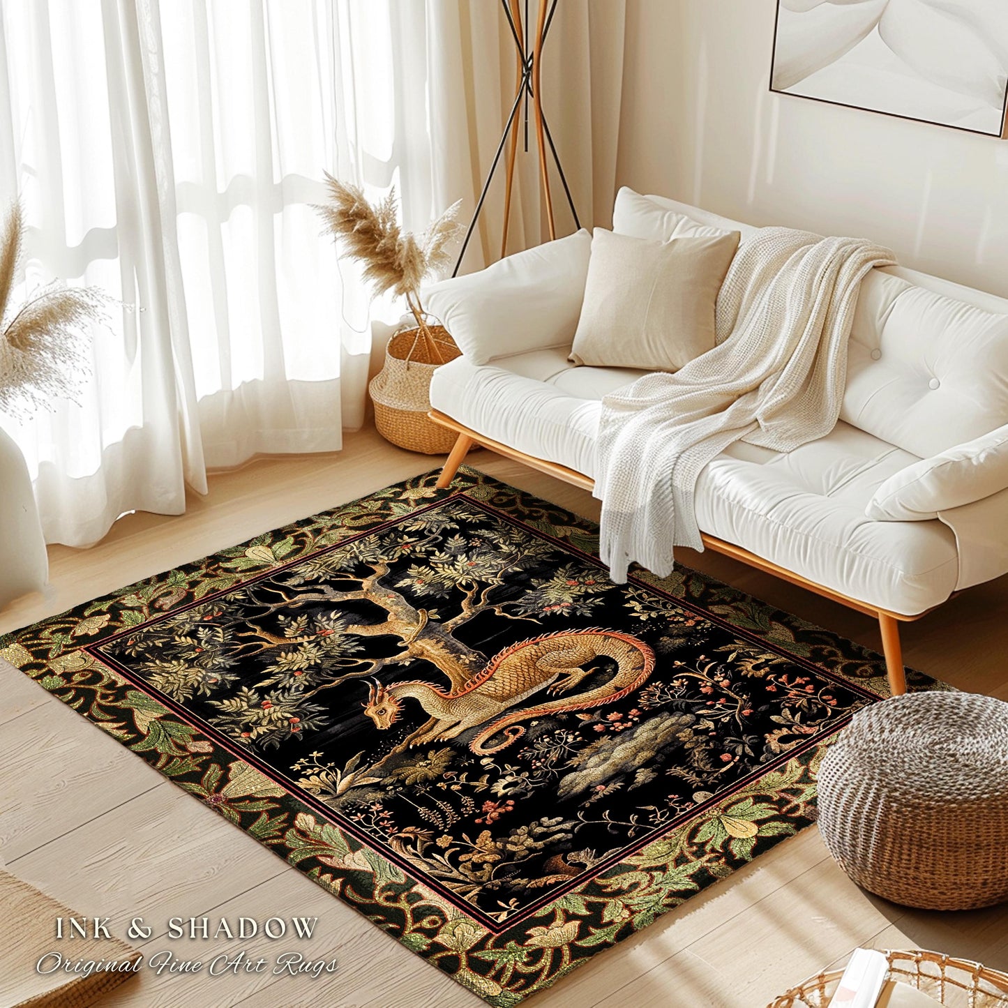 Bohemian Dragon Rug Artistic Escape Academia Baroque Inspired Runner | Ethereal Gothic Enchanting Mystical Art Nouveau Antique Style Decor