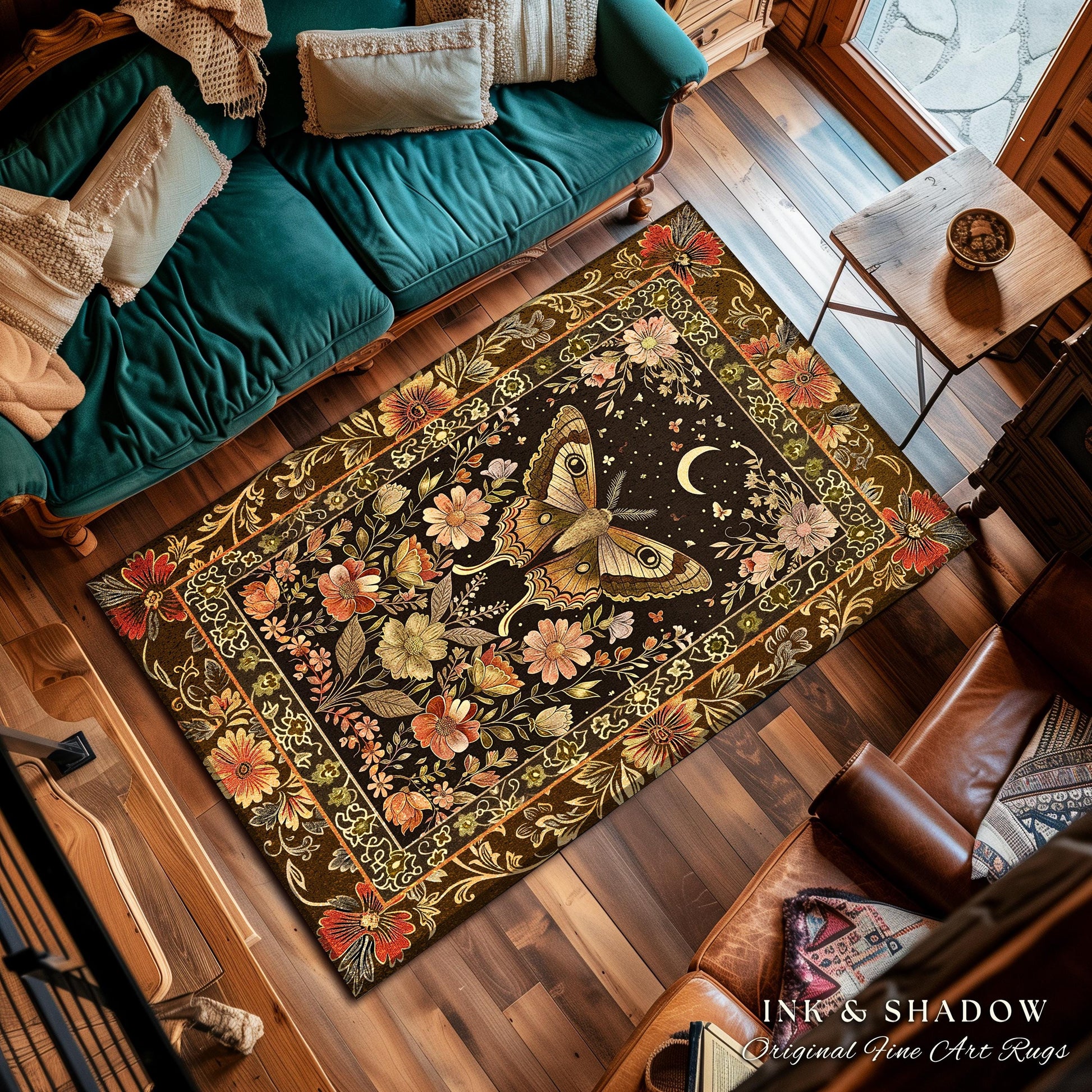 Rustic Floral Cottageore Moth Rug Vintage Aesthetic Fairycore Decor, Dark Academia Botanical Butterfly Woodland Gothic Whimsy Wildflower Rug