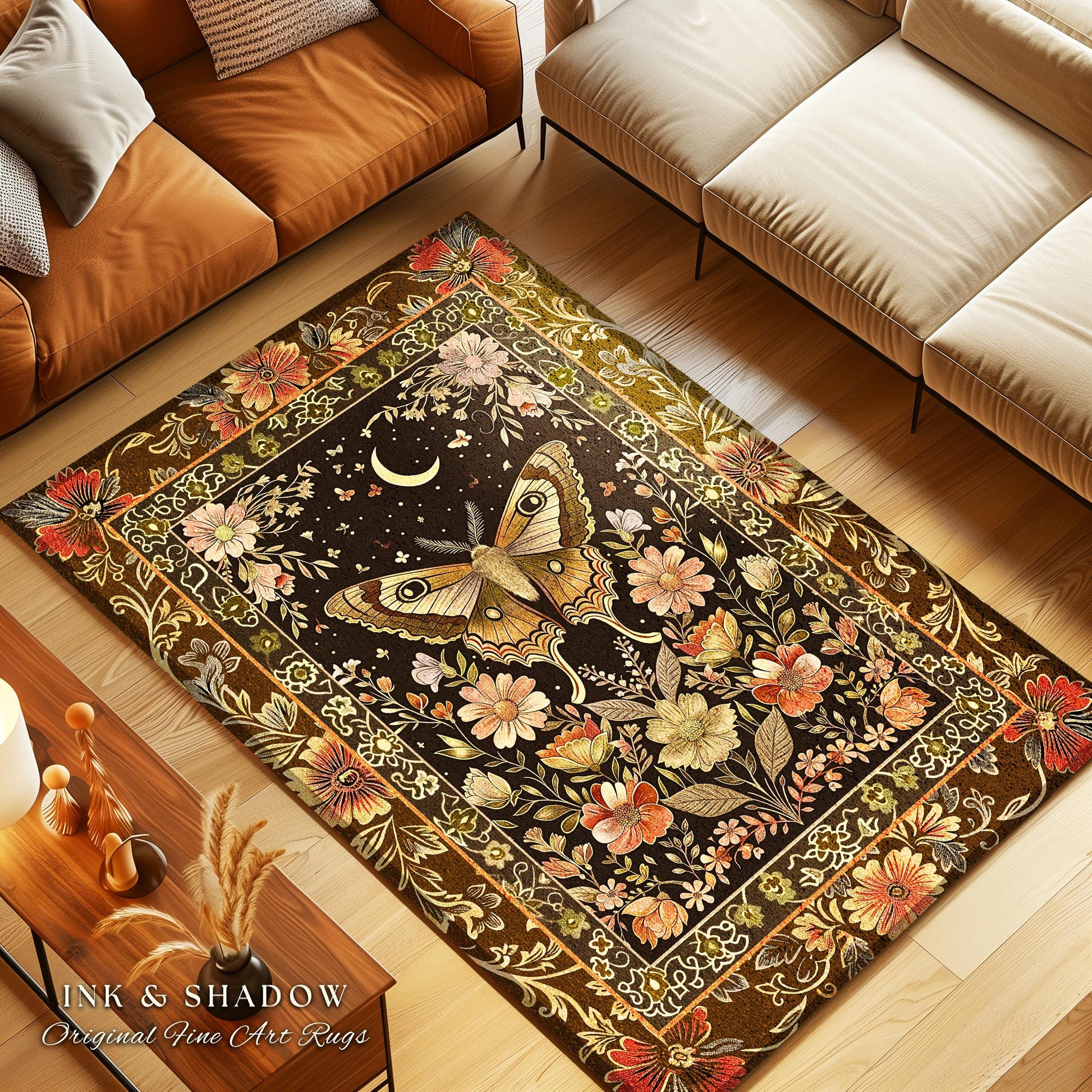 Rustic Floral Cottageore Moth Rug Vintage Aesthetic Fairycore Decor, Dark Academia Botanical Butterfly Woodland Gothic Whimsy Wildflower Rug