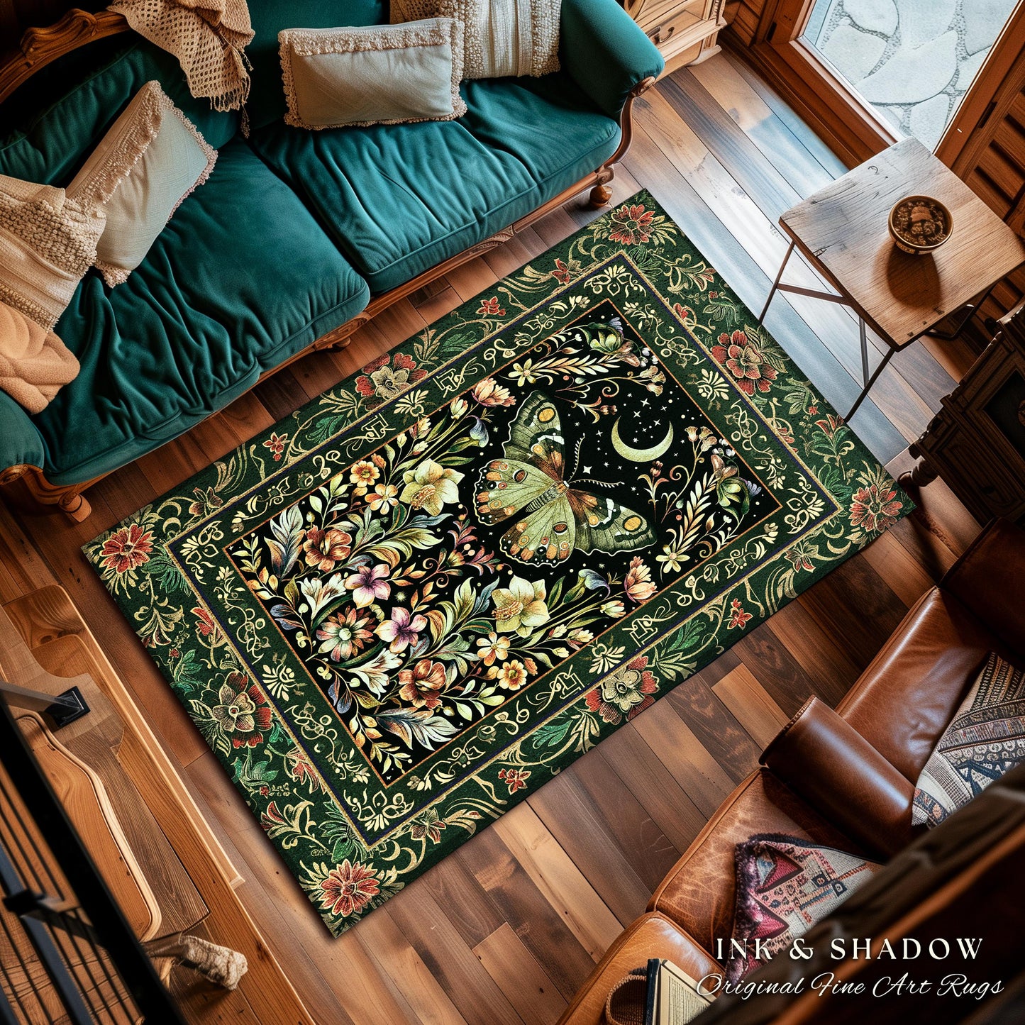 Boho Botanical Moth Rug Floral Grunge Fairycore Room Decor, Woodland Gothic Moon Butterfly Forest Green Forestcore Celestial Cottagecore Rug