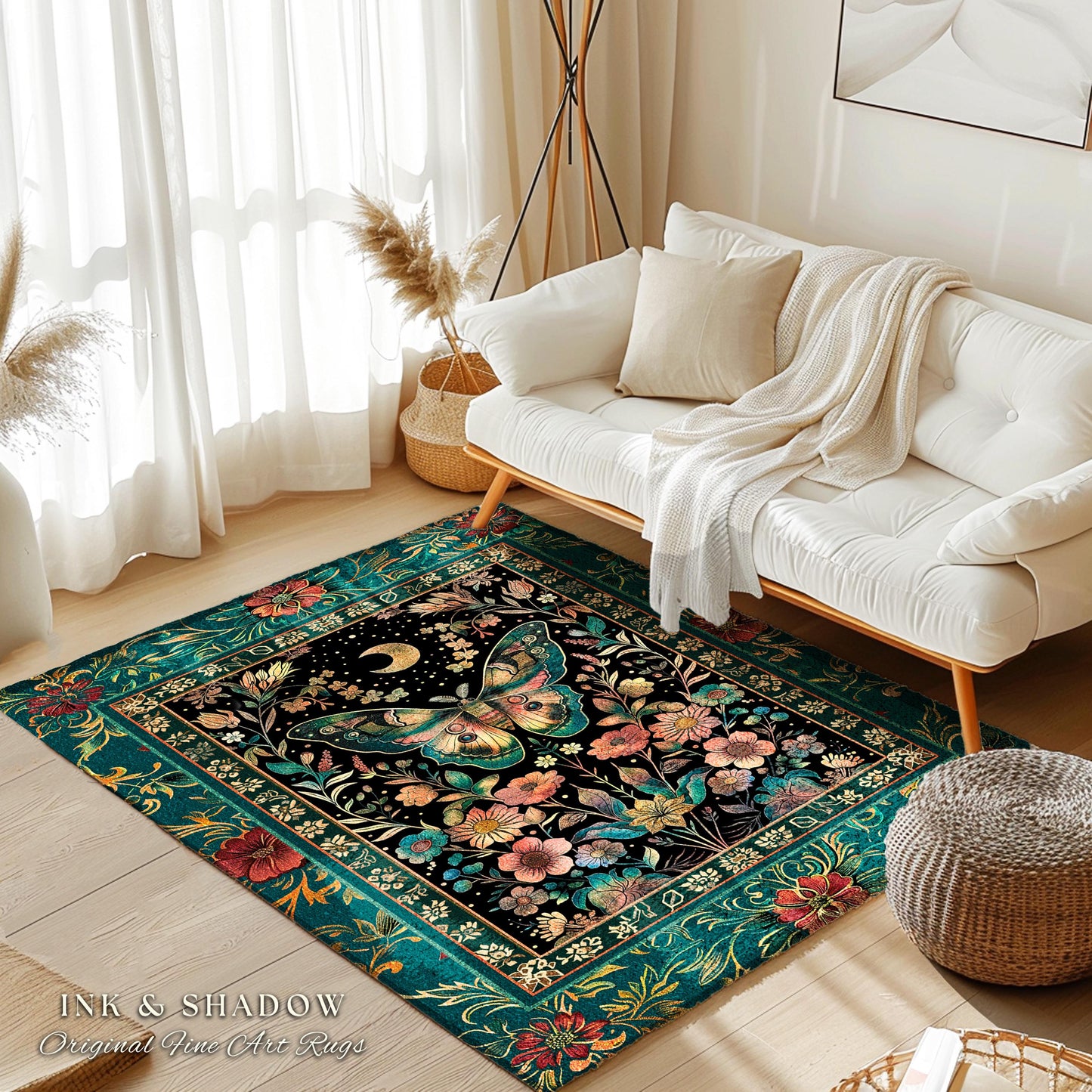 Mystic Moonlit Garden Moth Rug Whimigothic Fairycore Decor | Dark Floral Witchy Moth Rug Whimsical Home Decor Butterfly Cottagecore Rug Gift