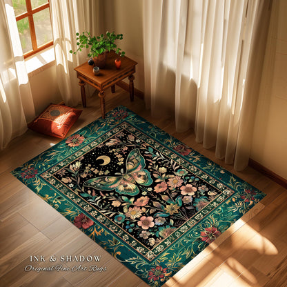 Mystic Moonlit Garden Moth Rug Whimigothic Fairycore Decor | Dark Floral Witchy Moth Rug Whimsical Home Decor Butterfly Cottagecore Rug Gift