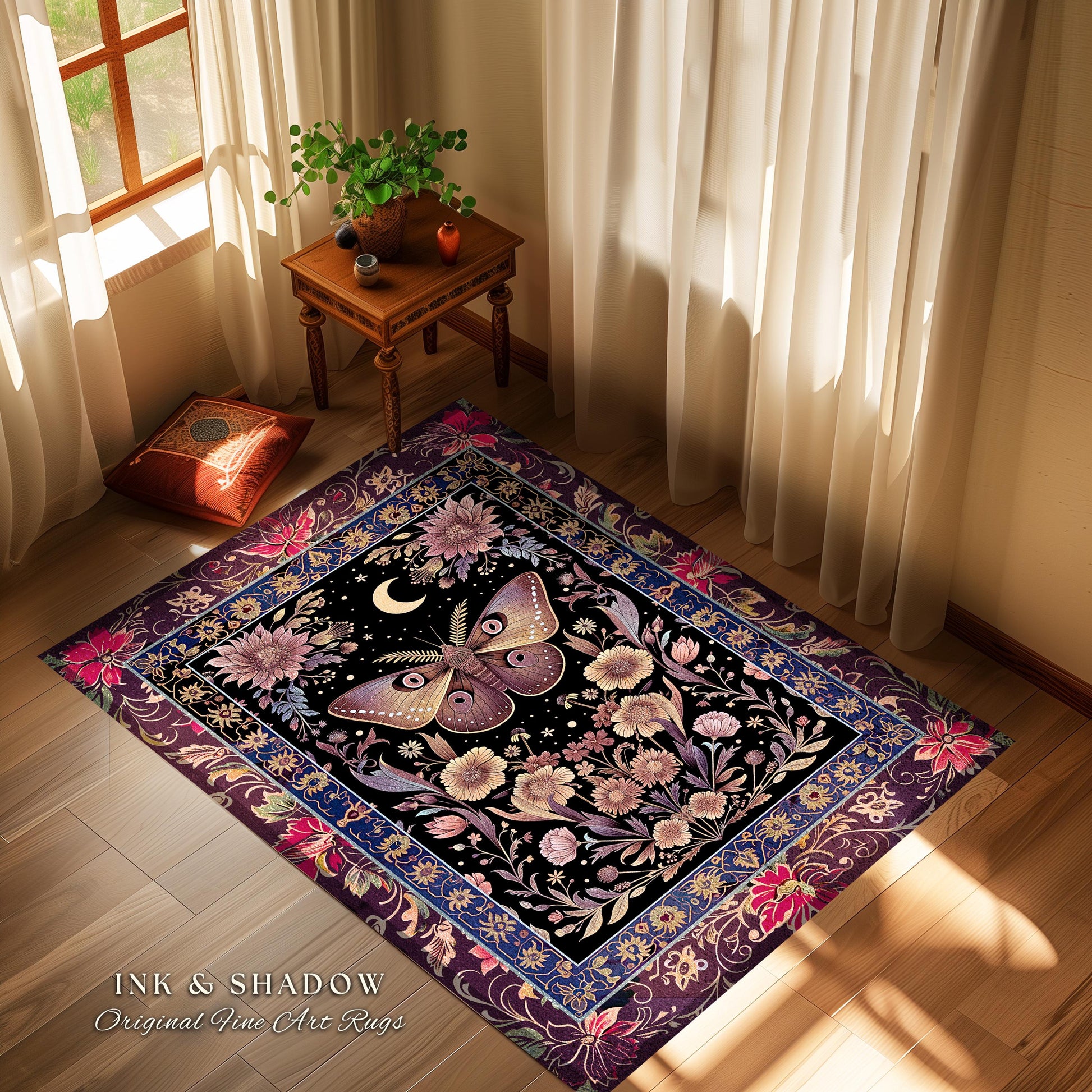 Mystic Moth Moon Rug Whimsigothic Purple Dark Cottagecore Witchy Wildflower Decor, Whimsical Boho Butterfly Floral Fairycore Retro Celestial