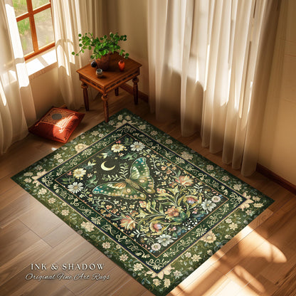 Woodland Gothic Botanical Moth Rug Witchy Dark Academia Aesthetic Room Decor, Whimsical Green Cottagecore Butterfly Wildflower Fairycore Rug