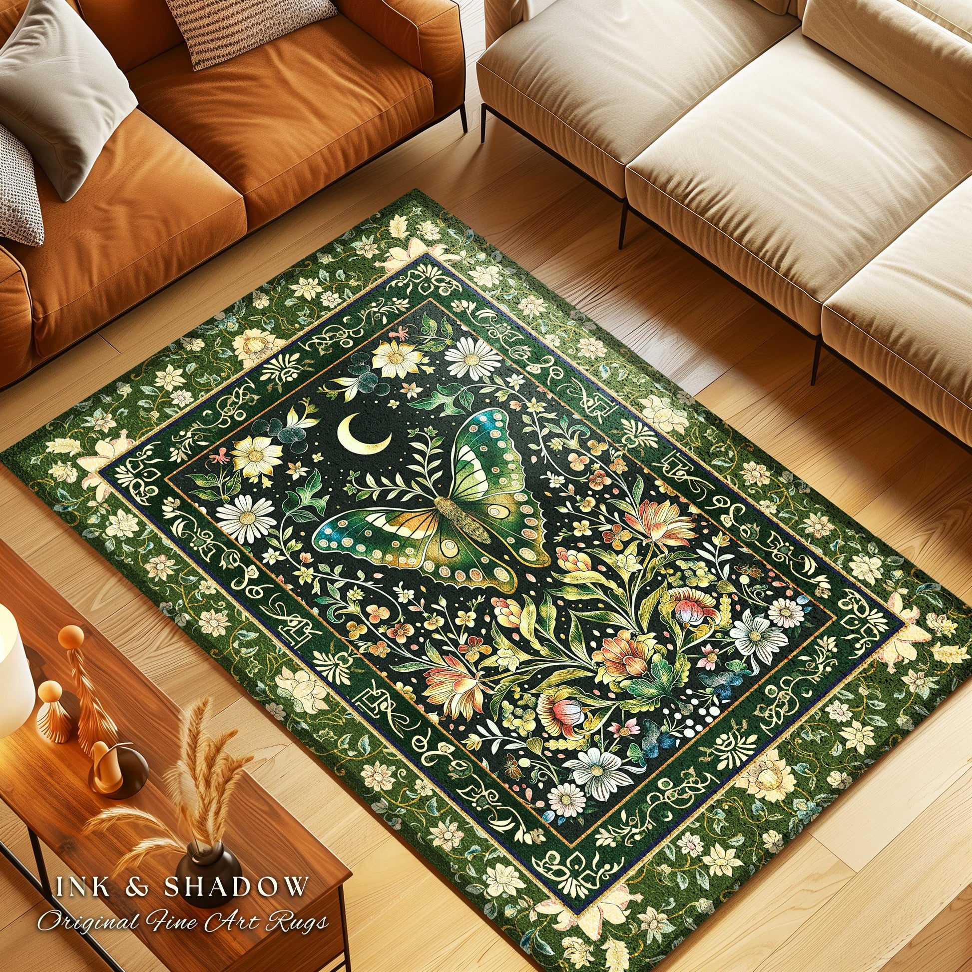 Woodland Gothic Botanical Moth Rug Witchy Dark Academia Aesthetic Room Decor, Whimsical Green Cottagecore Butterfly Wildflower Fairycore Rug