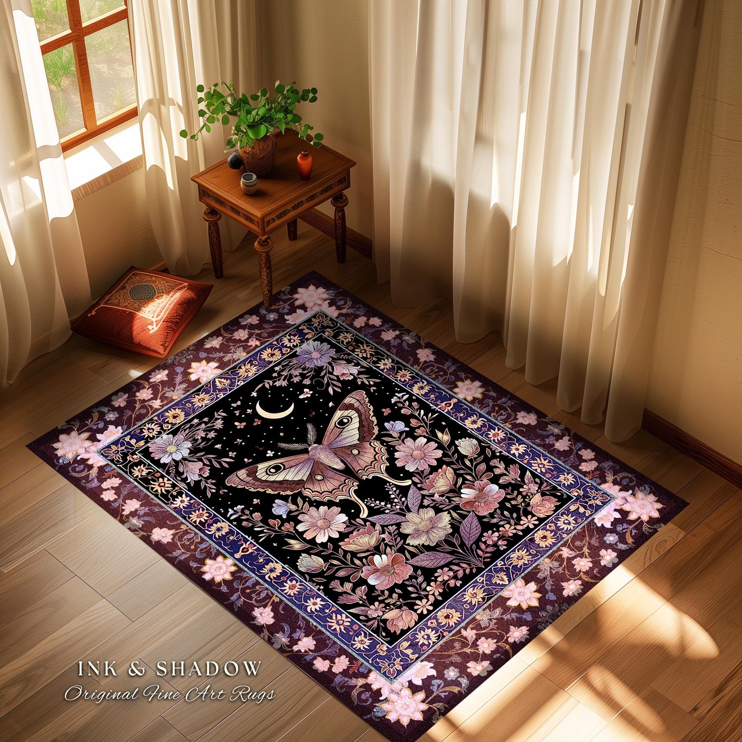 Purple Moth Celestial Rug Boho Fairycore Dark Floral Decor | Enchanted Fairy Cottagecore Butterfly Lovers Moth Moon Rug Whimsical Goth Gift