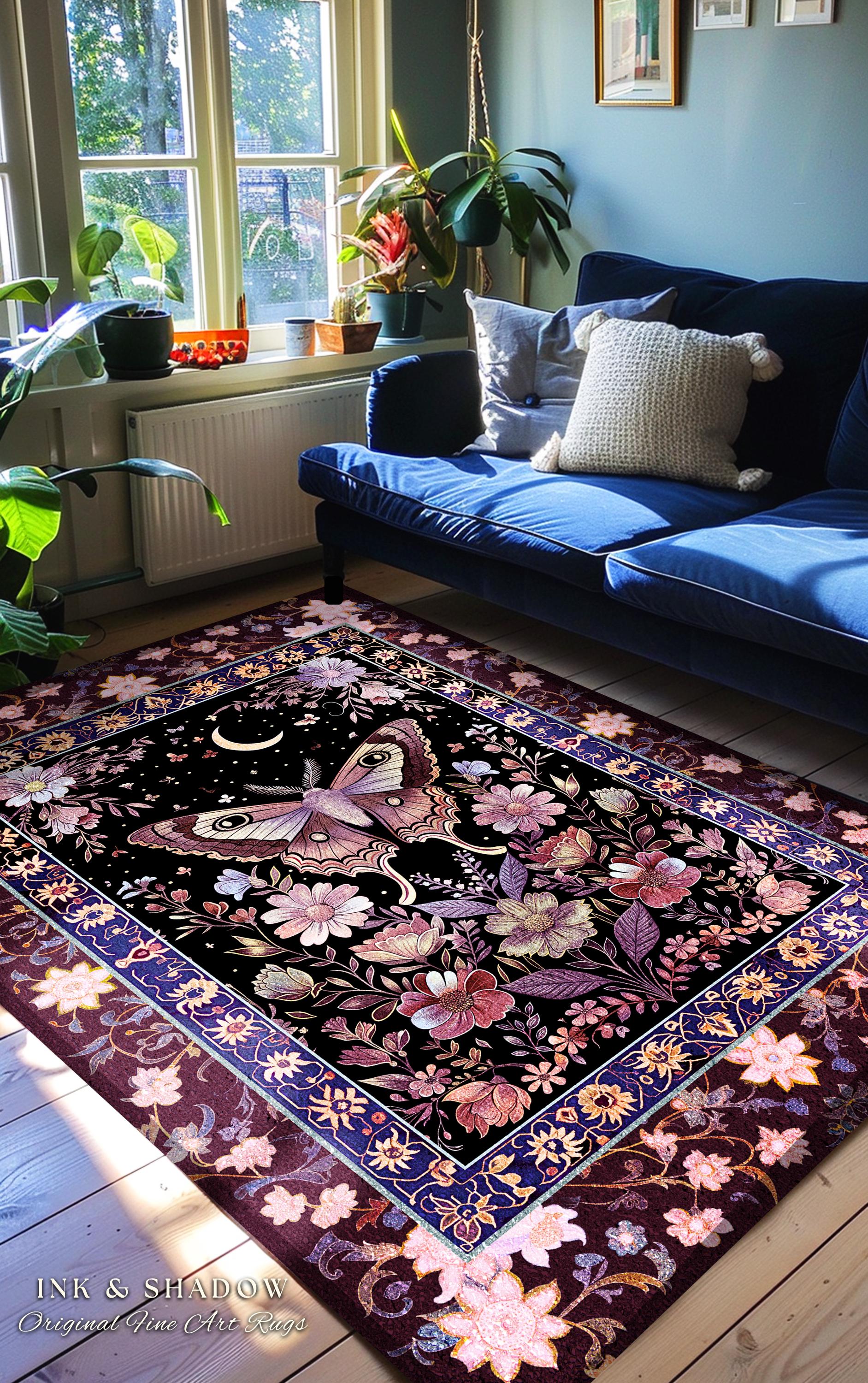 Purple Moth Celestial Rug Boho Fairycore Dark Floral Decor | Enchanted Fairy Cottagecore Butterfly Lovers Moth Moon Rug Whimsical Goth Gift