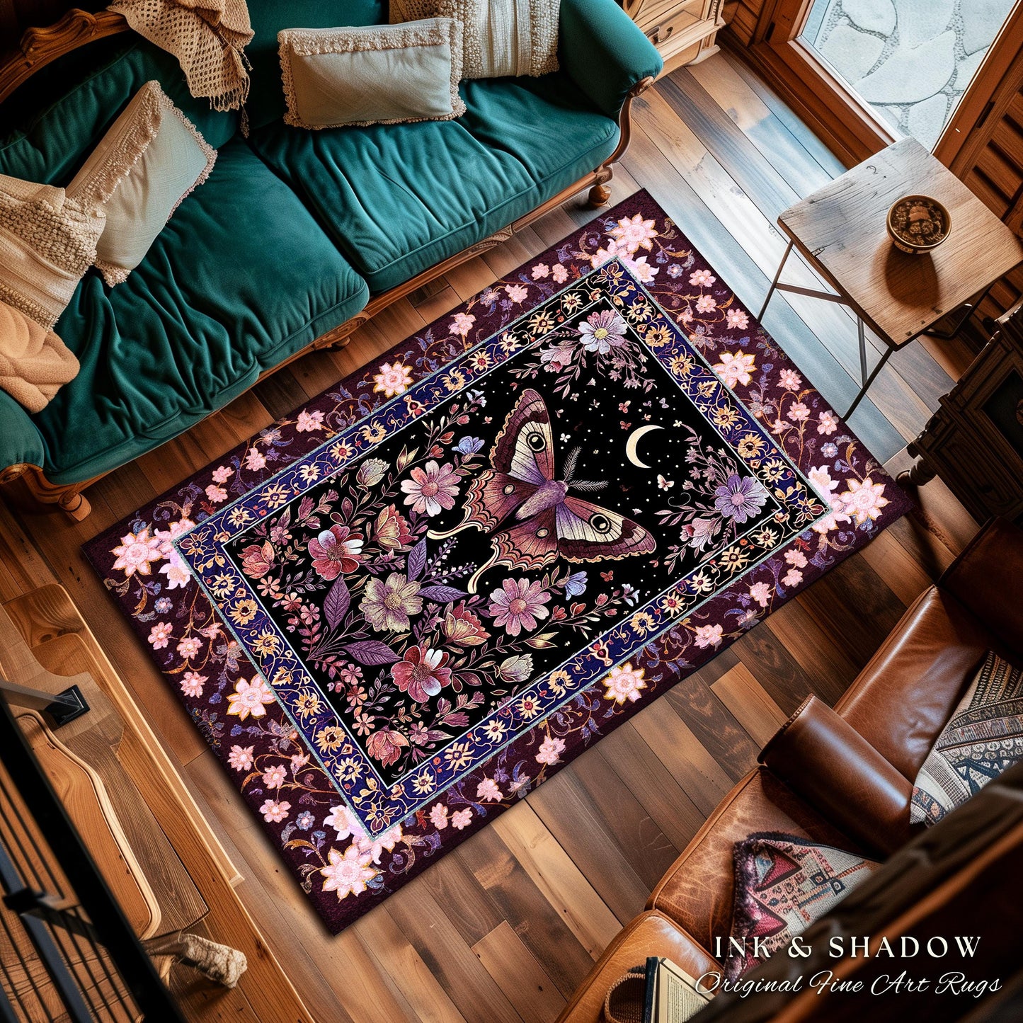 Purple Moth Celestial Rug Boho Fairycore Dark Floral Decor | Enchanted Fairy Cottagecore Butterfly Lovers Moth Moon Rug Whimsical Goth Gift