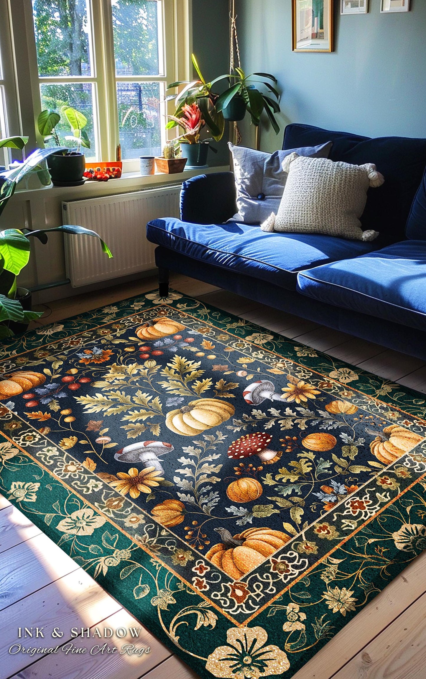 Dark Cottagecore Pumpkin Rug Autumn Victorian Gothic Floral Decor | Whimsical Dark Botanical Rug Forestcore Pumpkin Decor Vintage Aesthetic
