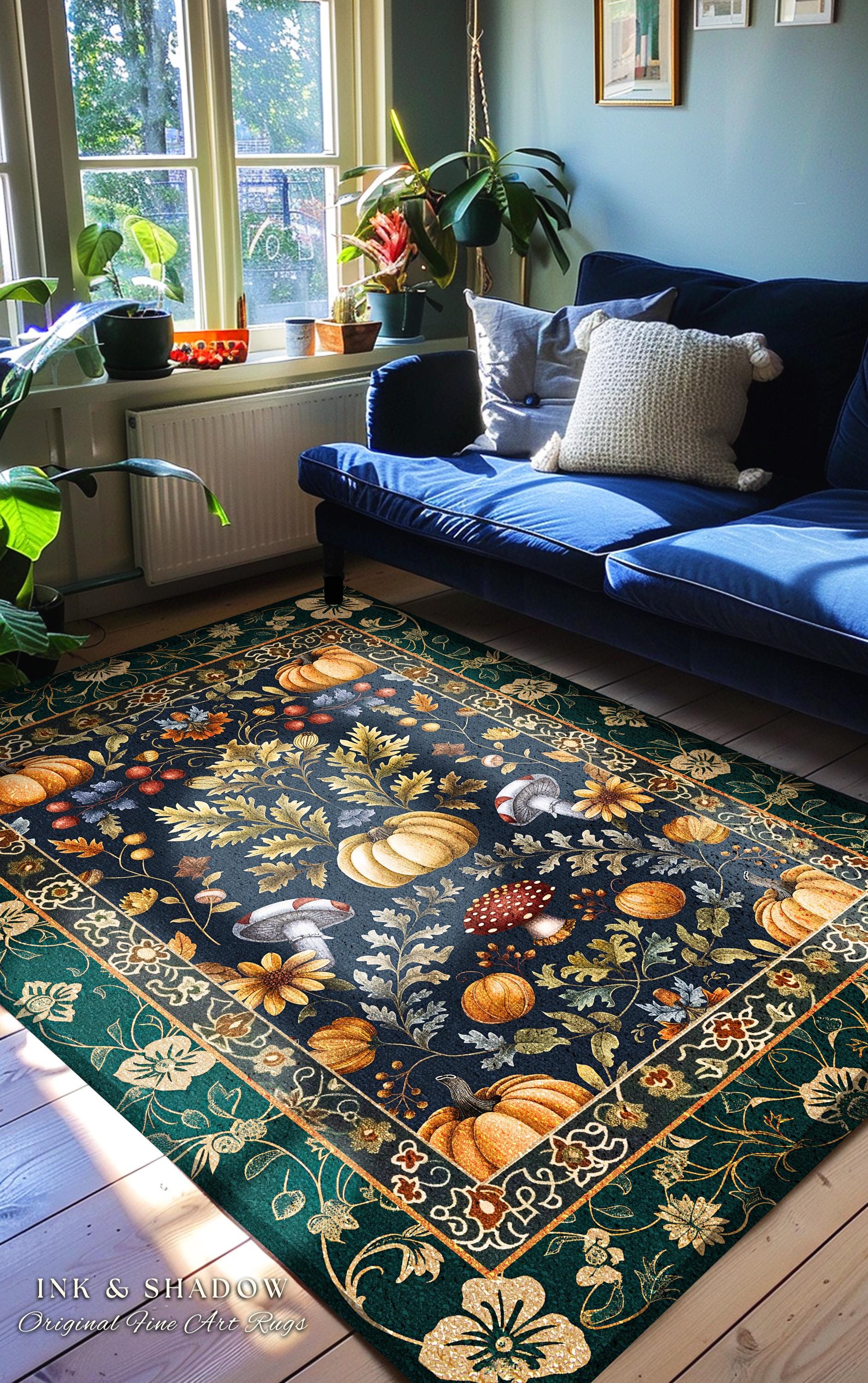 Dark Cottagecore Pumpkin Rug Autumn Victorian Gothic Floral Decor | Whimsical Dark Botanical Rug Forestcore Pumpkin Decor Vintage Aesthetic