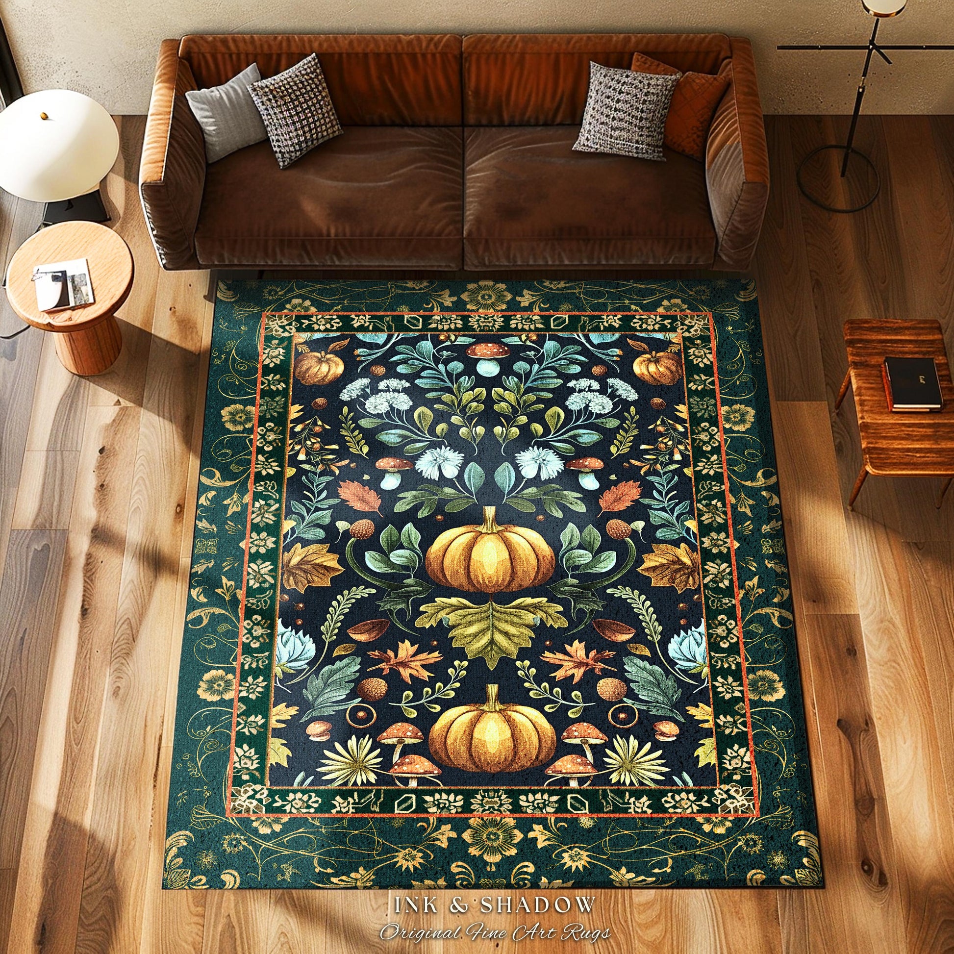 Dark Botanical Pumpkin Rug Gothic Decor Autumn Aesthetic | Cozy Cottagecore Rustic Fall Charm Whimsical Home Decor Pumpkin Rug Vintage Vibes