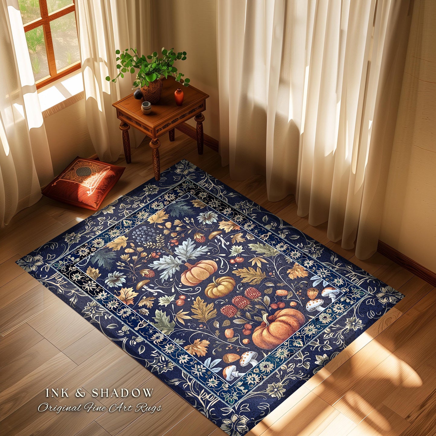 Blue Botanical Pumpkin Rug Vintage Aesthetic Autumn Lovers Decor | Fall Decoration Eclectic Art Dark Academia Elegant Rug Boho Cottagecore