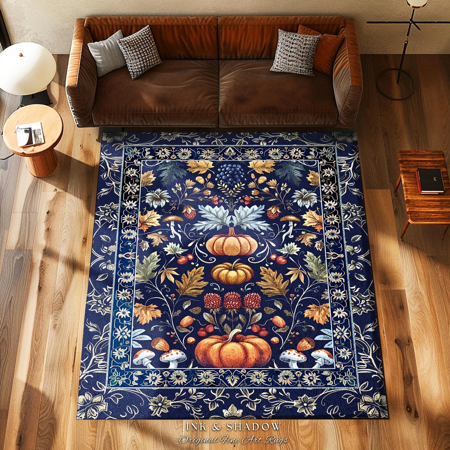 Blue Botanical Pumpkin Rug Vintage Aesthetic Autumn Lovers Decor | Fall Decoration Eclectic Art Dark Academia Elegant Rug Boho Cottagecore